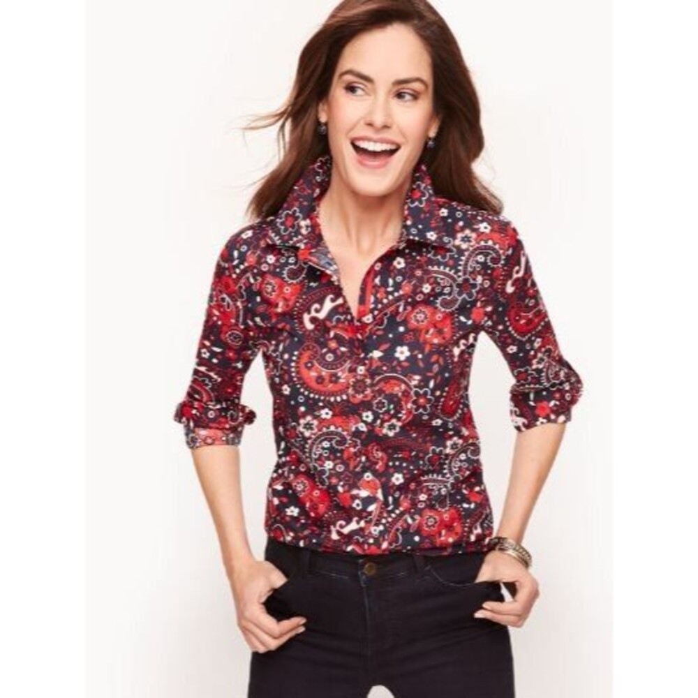 Talbots Classic Cotton Button Up Shirt Navy Red Picnic Paisley Sz XS